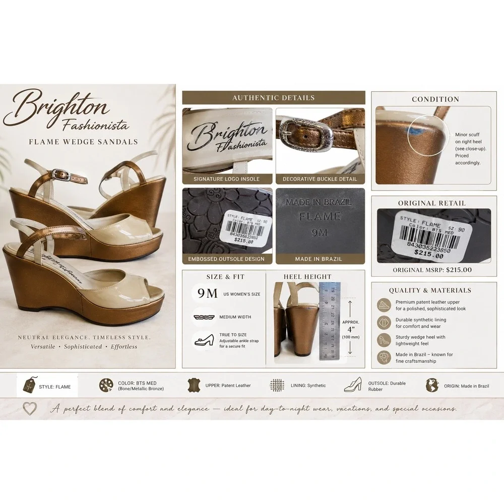 Brighton Flame Women's Size 9 Beige Bronze Platform Wedge Sandals Y2K